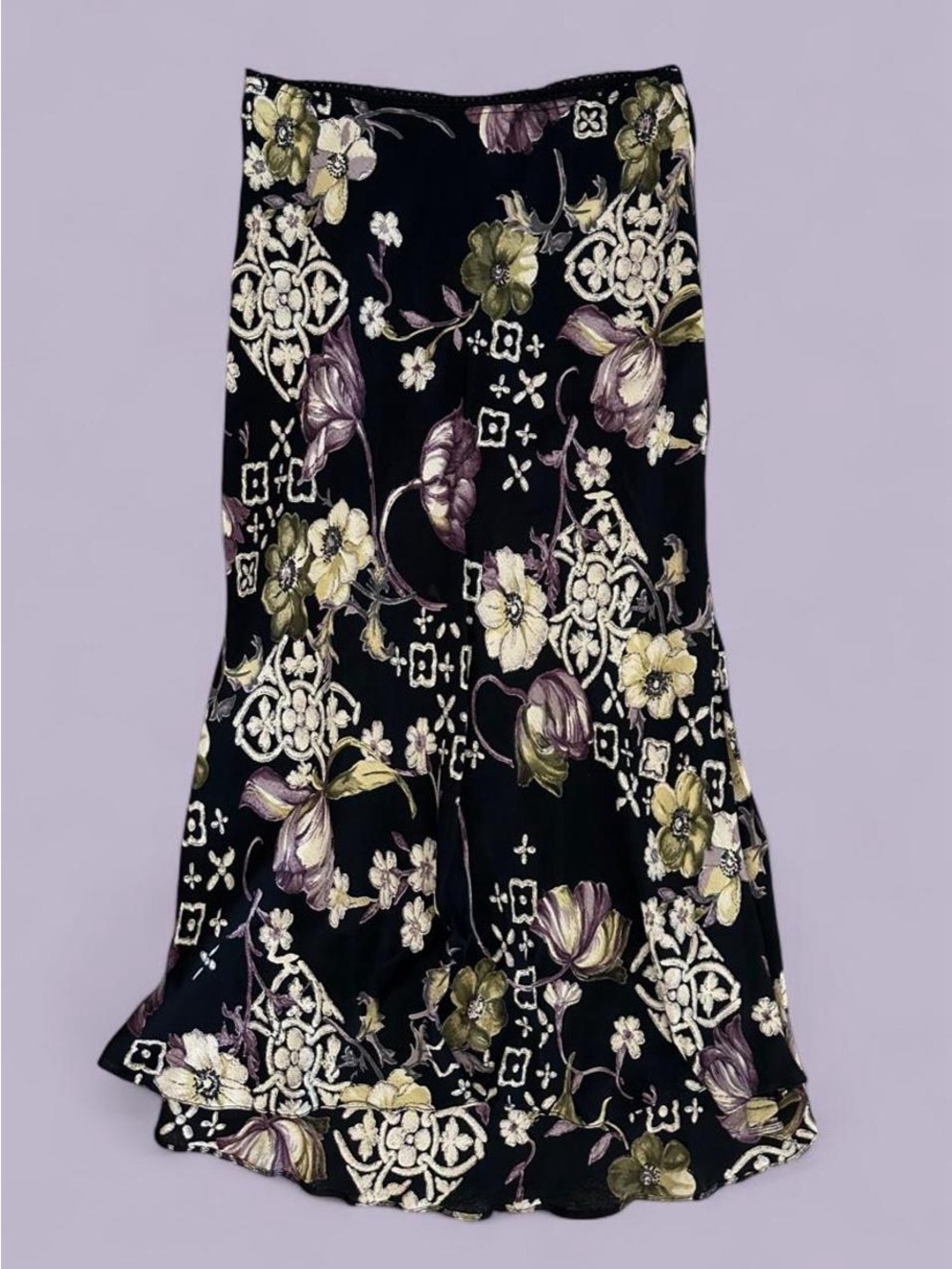 Vintage Angie 90s Black Floral Midi Skirt